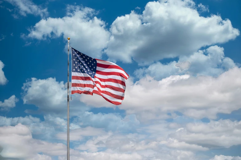 the american flag is flying high in the sky, unsplash, american realism, 15081959 21121991 01012000 4k, partly cloudy sky, high resolution ultradetailed, upscaled to high resolution