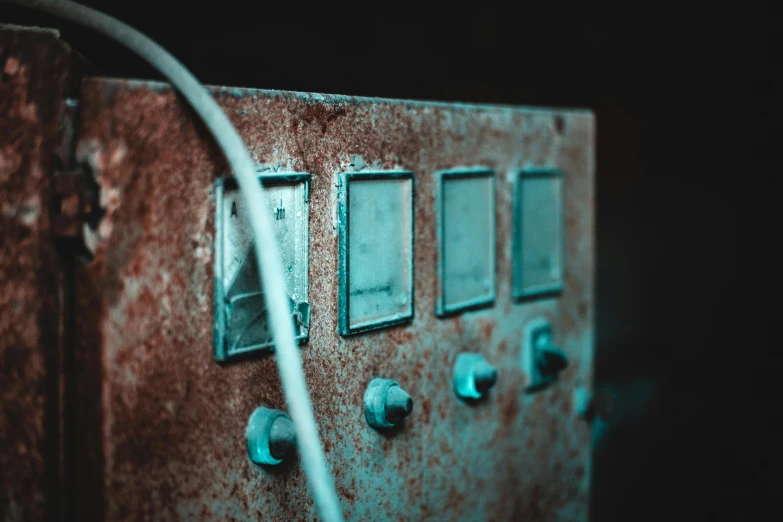 a close up of a switch on a rusty wall, inspired by Elsa Bleda, unsplash, softly glowing control panels, nuclear waste, instagram post, chemistry