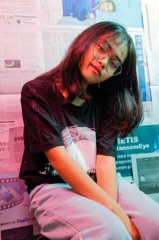 a woman sitting on top of a toilet in a bathroom, a picture, inspired by Bernardino Mei, tumblr, wearing a black tshirt, ( ( eye glasses ) ), set on singaporean aesthetic, 🤤 girl portrait