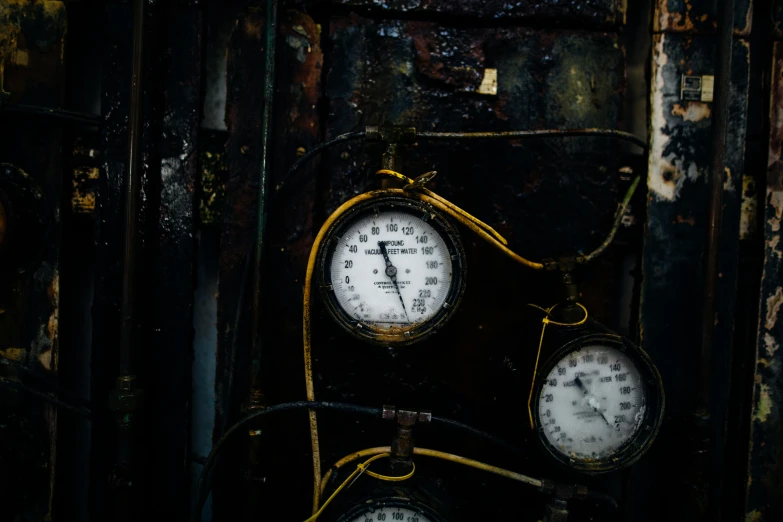 a couple of clocks mounted to the side of a wall, unsplash, assemblage, working inside reactor room, background image, inside dark oil, gauges