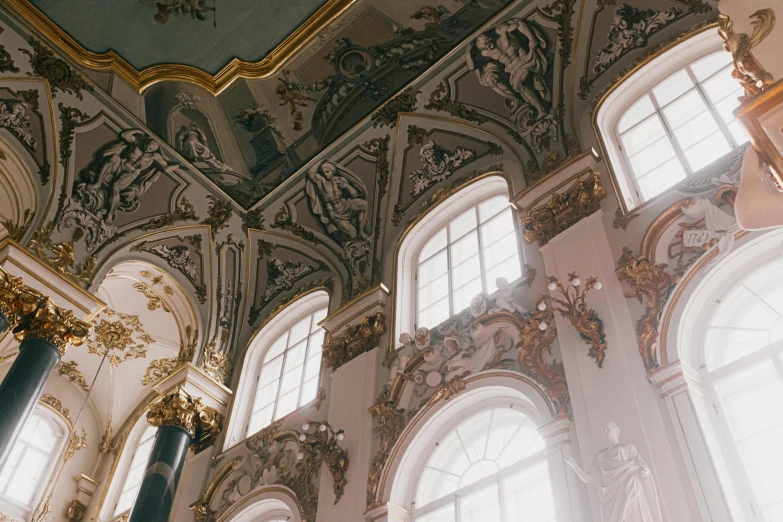 a room filled with lots of windows and a chandelier, inspired by Anna Füssli, unsplash contest winner, rococo, russian architecture, seen from below, with archways, promo image