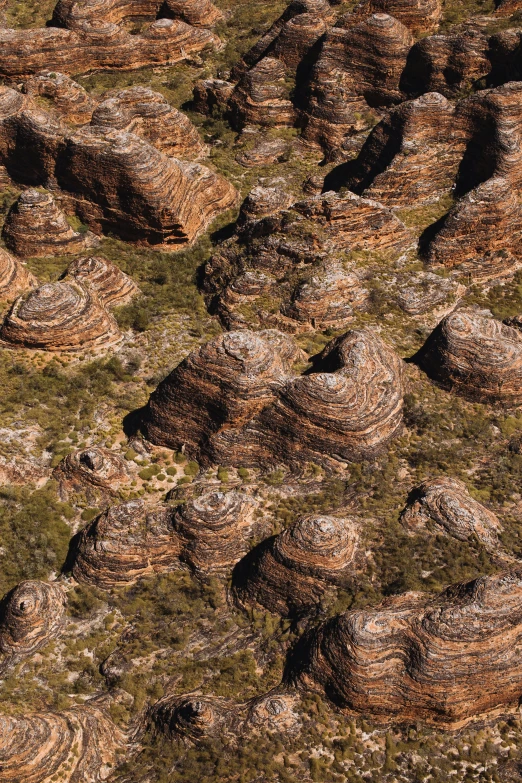 a group of rocks sitting on top of a lush green field, by Elizabeth Durack, land art, mars aerial photography, black domes and spires, honey ripples, top of a canyon