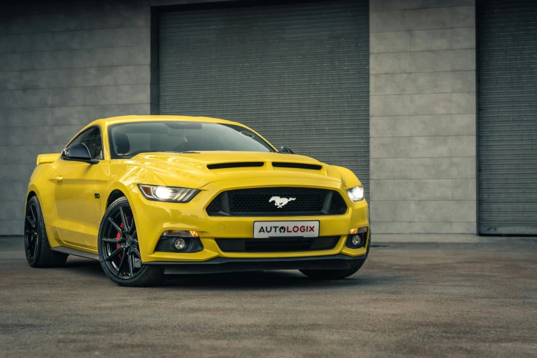 a yellow mustang parked in front of a garage, a portrait, pexels contest winner, product photography 4 k, anato finnstark. front view, animation, rectangle