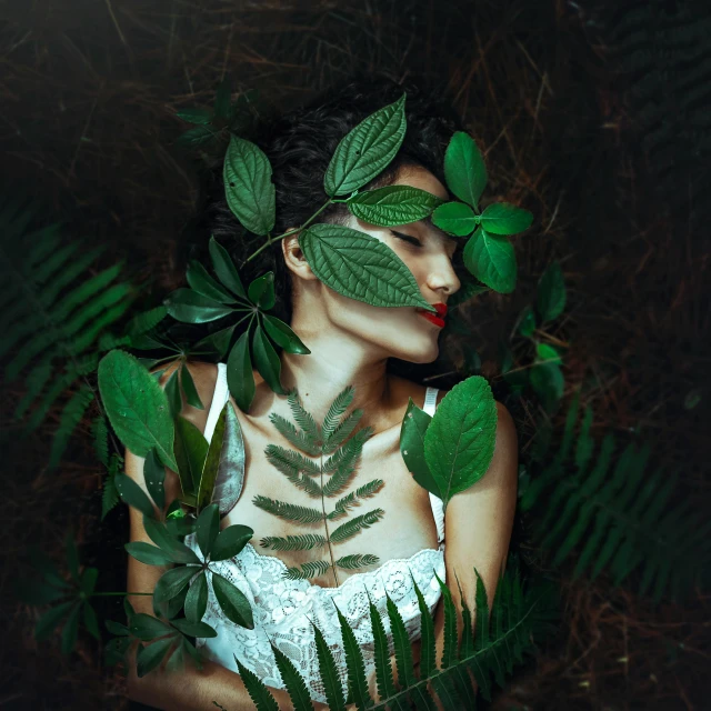 a woman with green leaves covering her face, an album cover, inspired by Elsa Bleda, pexels contest winner, resting, forest themed, body portrait, ilustration