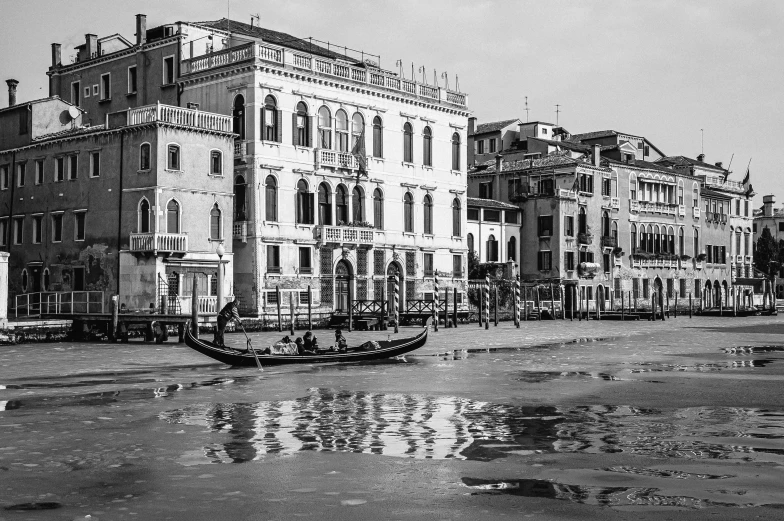 a black and white photo of a boat in the water, by Patrick Pietropoli, pexels contest winner, baroque, white marble buildings, square, today\'s featured photograph 4k, venetian glass