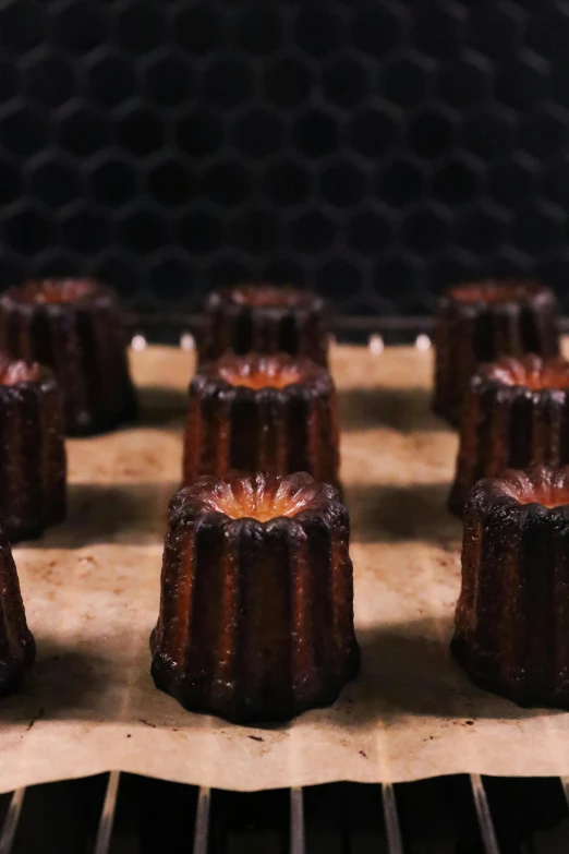 a group of chocolate bundts sitting on top of a baking sheet, inspired by Géza Dósa, unsplash, renaissance, mechanically enhanced honeycomb, video still, small nixie tubes, thumbnail