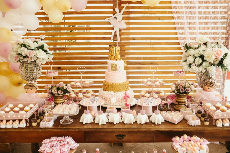 a table topped with lots of desserts and cupcakes, a cartoon, pexels, baroque, pink tutu, profile image, gold, rustic