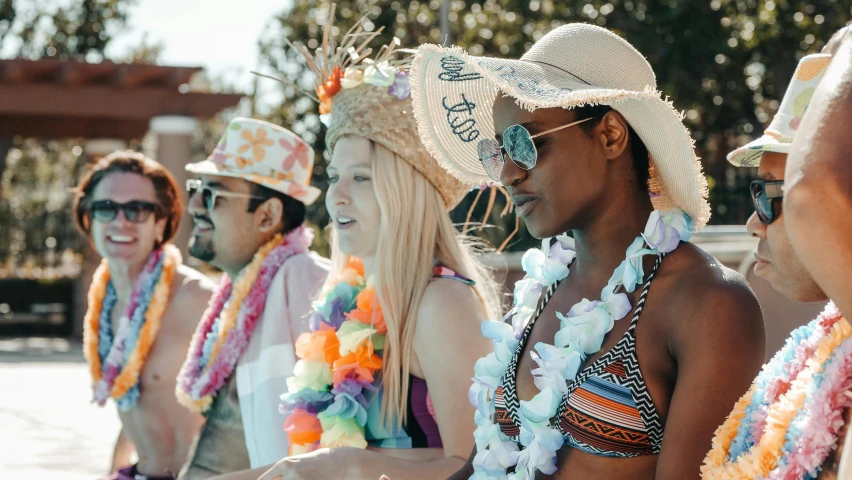 a group of women standing next to each other, trending on unsplash, parade floats, wearing a chocker and cute hat, wearing a bikini, avatar image