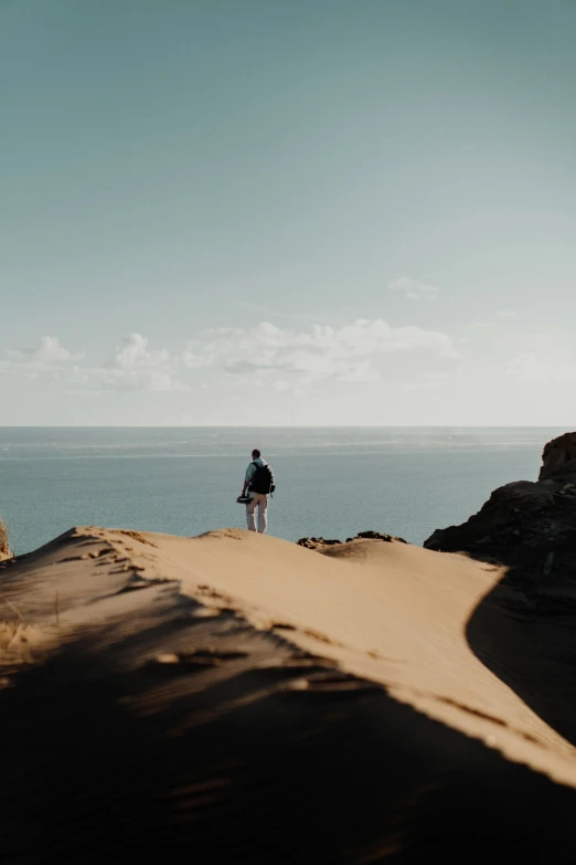 a man standing on top of a sand dune next to the ocean, ocean cliff view, 2019 trending photo