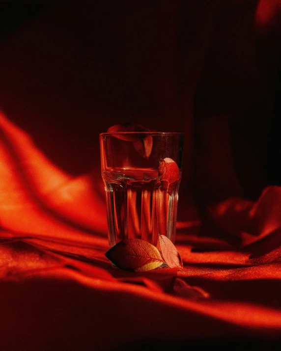 a glass of water sitting on top of a red cloth, inspired by Elsa Bleda, unsplash contest winner, renaissance, ignant, oud, lgbtq, whiskey