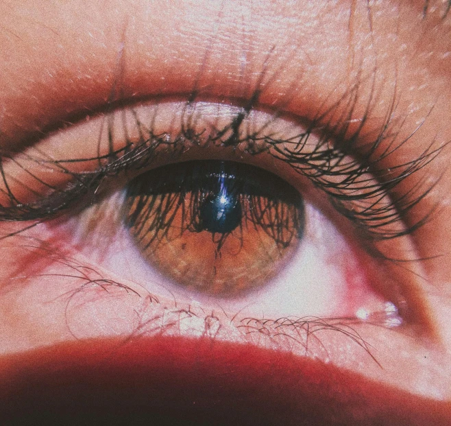 a close up of a person's eye with long eyelashes, trending on pexels, eyes). full body, petra collins, warm brown eyes, ((red)) baggy eyes