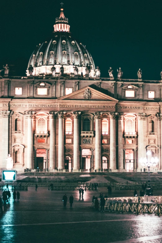 a large building with a dome lit up at night, inspired by Cagnaccio di San Pietro, pexels contest winner, neoclassicism, 2 5 6 x 2 5 6 pixels, john paul ii, in the center of the image, catholic