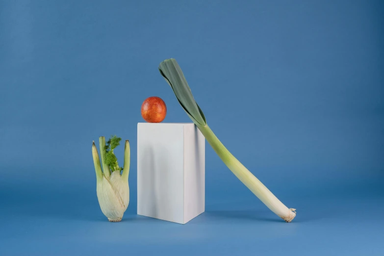 a couple of vegetables sitting next to each other, a marble sculpture, inspired by Hendrik Gerritsz Pot, suprematism, stems, with apple, organic ceramic white, facing sideways