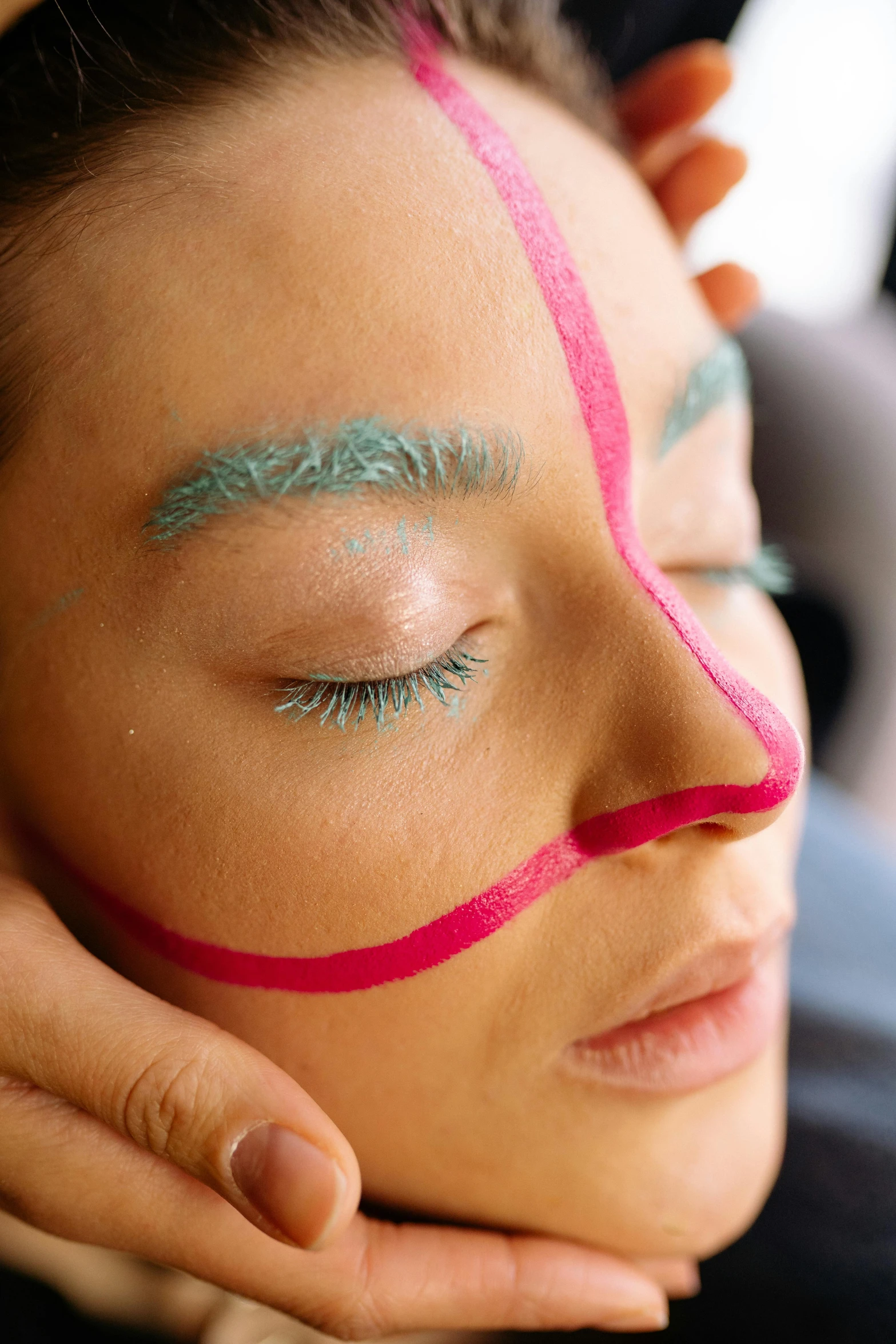 a woman has her eyes painted pink and green, a digital rendering, trending on pexels, teal eyebrows, line drawn, full body close-up shot, concise lines