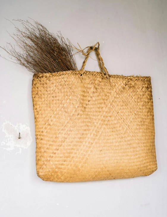 a wicker purse hanging on a wall, an album cover, unsplash, low quality photo, rustic yet enormous scp (secure, basia tran, plain background