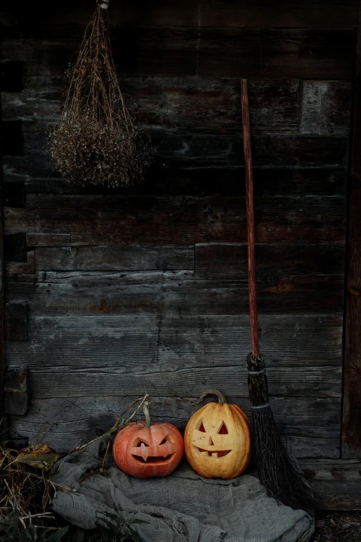 a couple of pumpkins sitting next to a broom, a portrait, unsplash, witch hut, 2006 photograph, splash image, barn