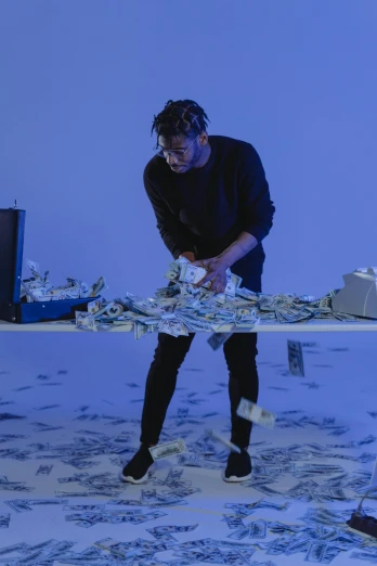 a man standing on top of a table covered in tin foil, an album cover, by artist, pexels contest winner, piles of money, ashteroth, blue slide park, [ theatrical ]