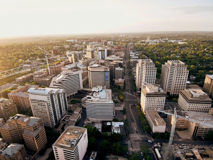 an aerial view of a city with tall buildings, unsplash, visual art, winnipeg skyline, 2 0 0 0's photo