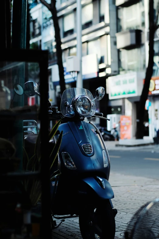 a motor scooter parked on the side of a street, by Niko Henrichon, front lit, navy, japanese downtown, 🚿🗝📝