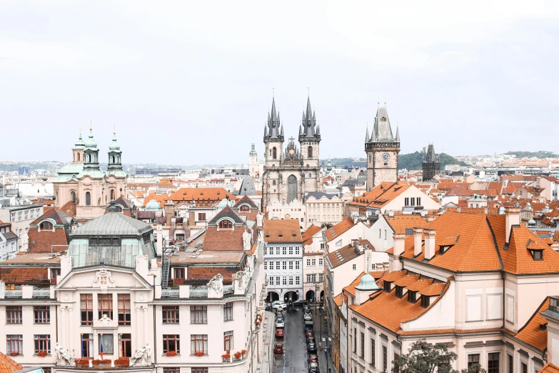 a view of a city from the top of a building, by Emma Andijewska, pexels contest winner, art nouveau, square, cathedral in the background, orange roof, 2000s photo