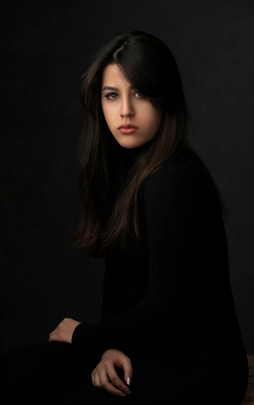 a woman sitting on top of a wooden bench, a character portrait, by irakli nadar, standing with a black background, isabela moner, wearing in black clothes, headshot profile picture