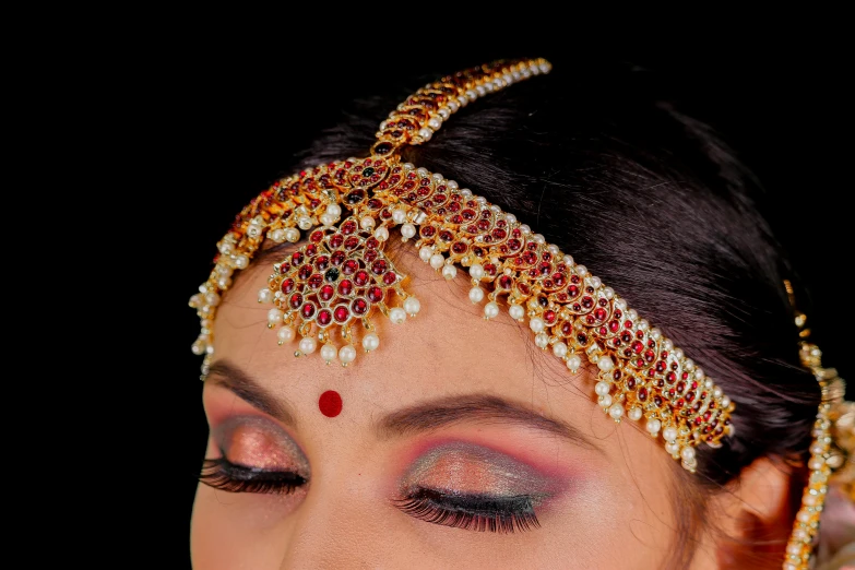 a close up of a woman wearing a head piece, inspired by Puru, trending on pixabay, hurufiyya, peredvishniki, studio shot, full - view, colour corrected