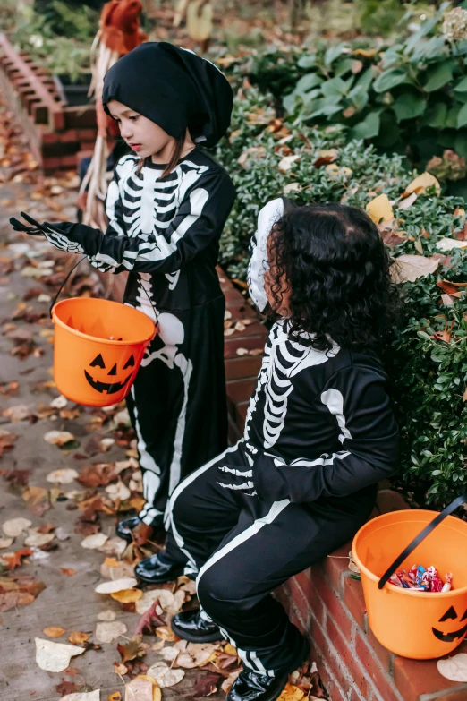 two children dressed up in halloween costumes sitting on a brick wall, by Helen Stevenson, pexels, vanitas, walking over a skeleton, having a snack, official, jen atkin