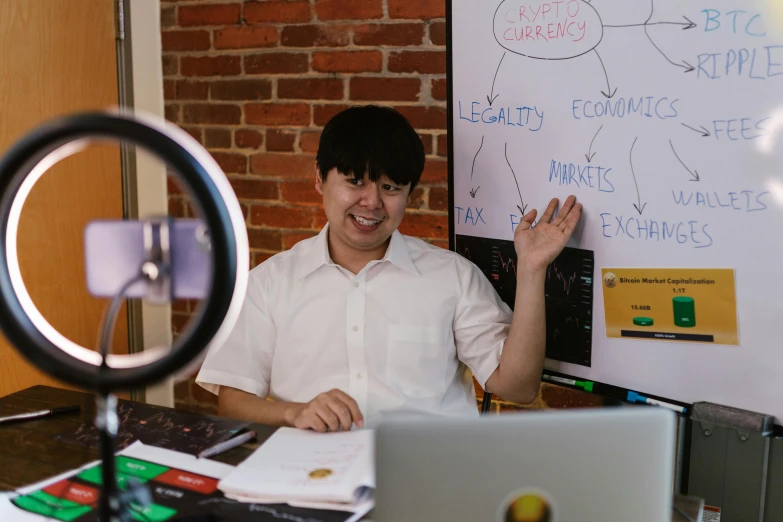 a man sitting at a desk in front of a whiteboard, by Jang Seung-eop, pexels contest winner, jontron, a labeled, webcam footage, hoang long ly
