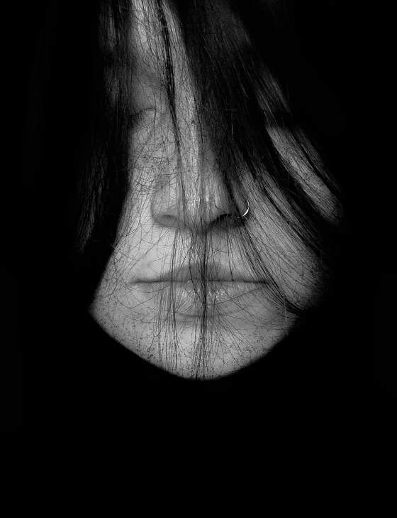 a black and white photo of a woman's face, inspired by Nicola Samori, pexels contest winner, messy long black hair, aging, no face, asian woman