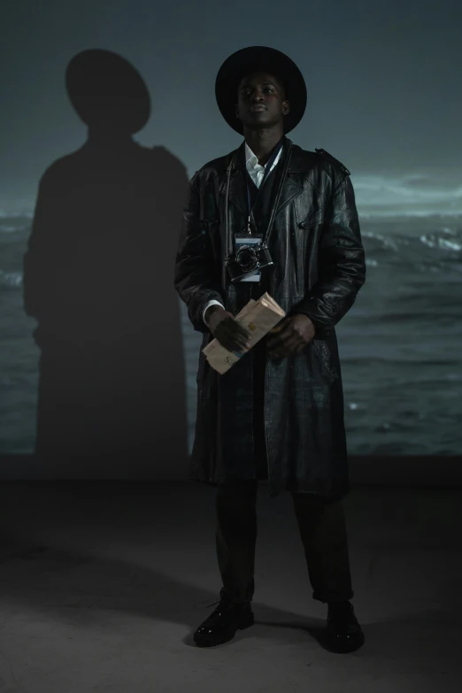 a man standing in front of a body of water, inspired by Gordon Parks, portrait of a detective, ( ( dark skin ) ), 3 - d, taken in the early 2020s
