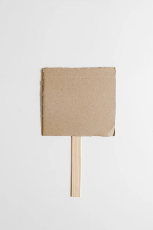 a piece of cardboard sitting on top of a wooden stick, product image, square, beige mist, protest