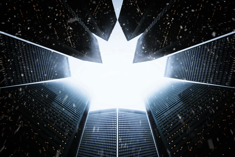 a group of skyscrapers in a city at night, an album cover, pexels contest winner, digital art, symmetric lights, giant star, toronto city, winter sun