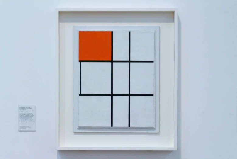 a painting in a white frame hanging on a wall, a minimalist painting, by Mondrian, flickr, white and orange, taken in the early 2020s, red grid, hyper realistic ”