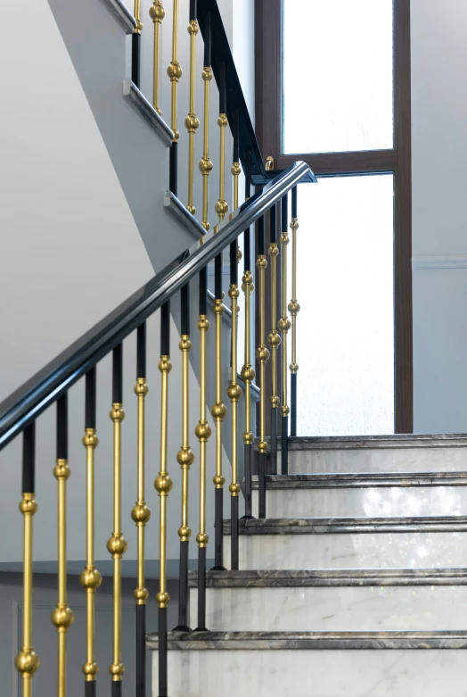 a close up of a set of stairs in a building, inspired by Bourgeois, gold and black blu, private academy entrance