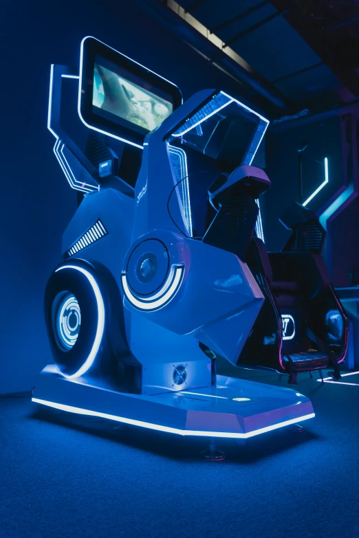 a bike that is sitting in the middle of a room, a hologram, arcade game, close-up of a robot sitting down, dramatic white and blue lighting, esports