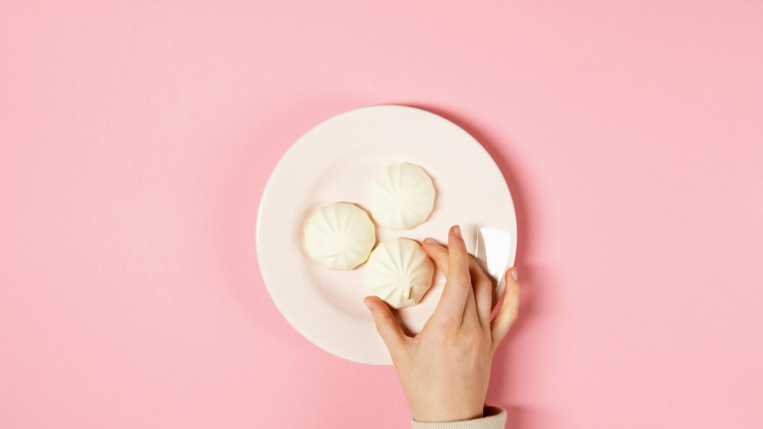 a person holding a plate of food on a pink surface, steamed buns, pale milky white porcelain skin, detailed product image, pointè pose