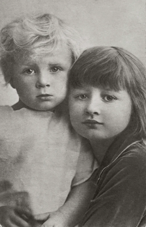 a black and white photo of two children, mucha and artem demura, vintage closeup photograph, promo image, instagram picture