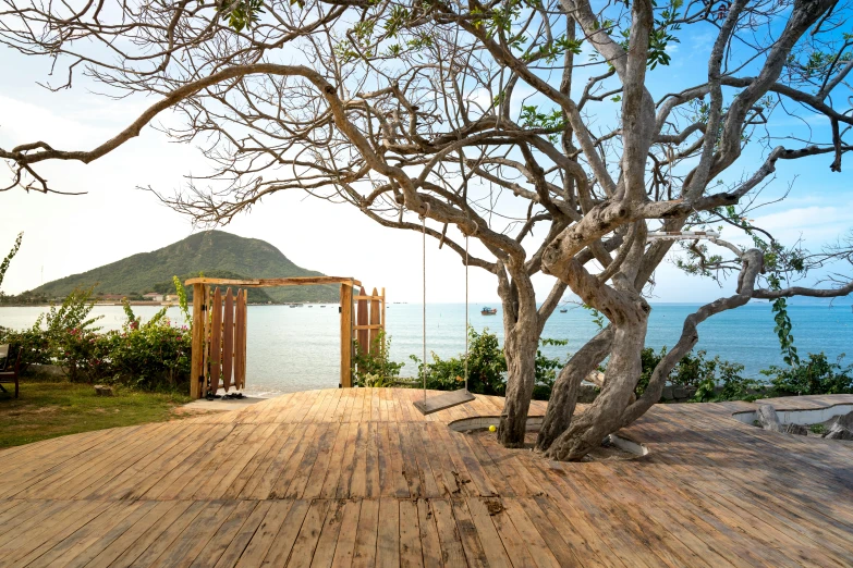 a wooden deck next to a body of water, beach trees in the background, conde nast traveler photo, outdoor art installation, cape