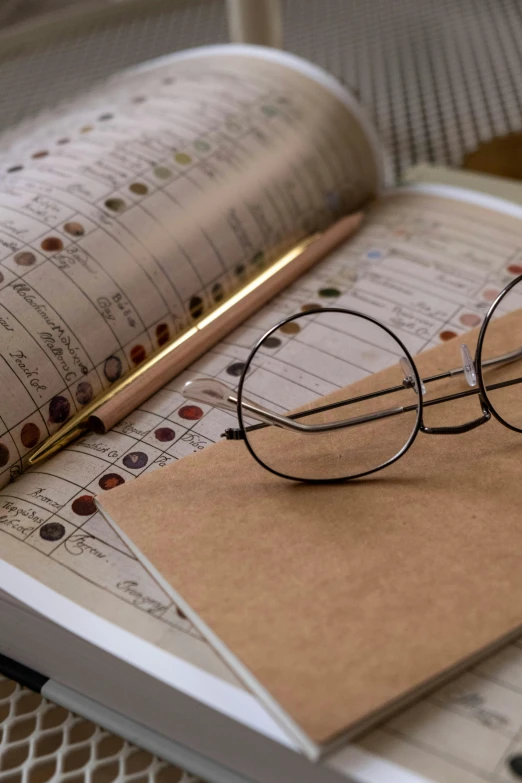 a pair of glasses sitting on top of an open book, analytical art, character sheets on table, muted browns, upclose, charts