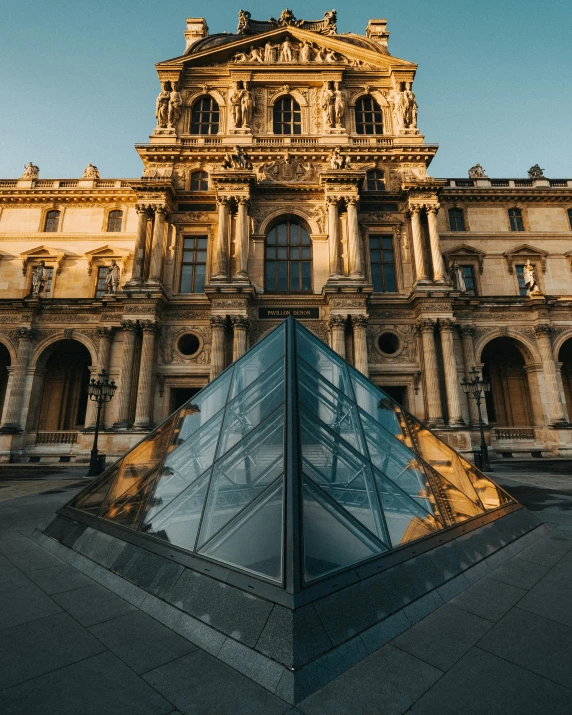 a large building with a glass pyramid in front of it, a marble sculpture, by Julia Pishtar, unsplash contest winner, paris school, lgbtq, entrance, view, multiple stories
