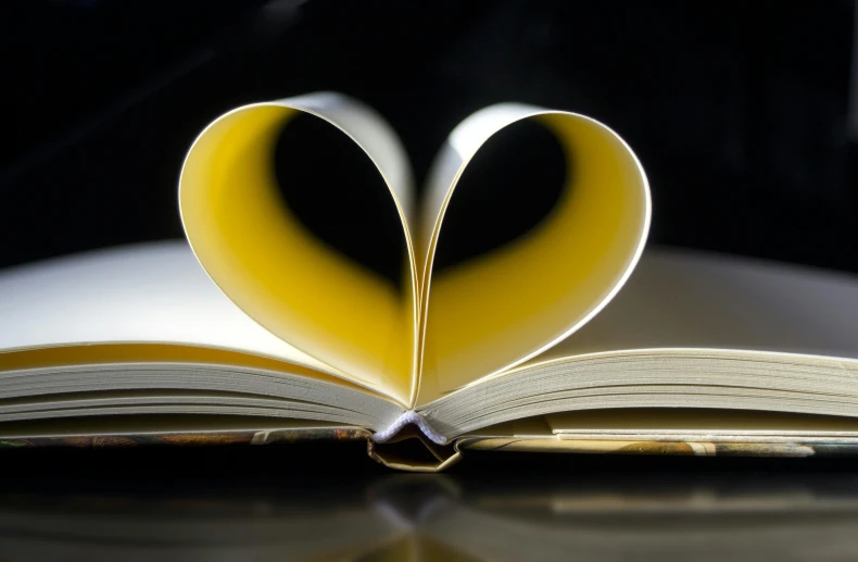 a heart shaped book sitting on top of a table, pexels contest winner, yellow, with a black background, open books, profile image