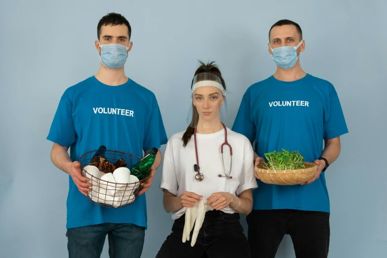 three people wearing masks and holding baskets of food, pexels contest winner, surgical impliments, cardboard cutout, avatar image, blue