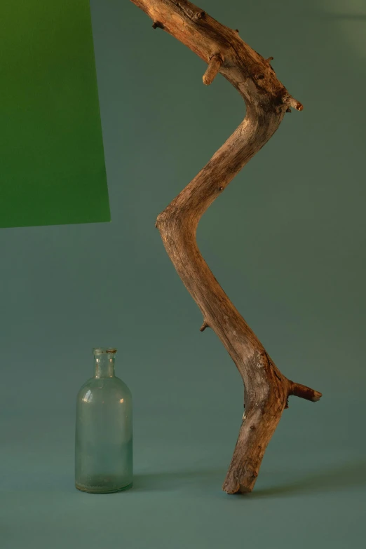 a lamp sitting on top of a table next to a bottle, a surrealist sculpture, inspired by Diego Giacometti, unsplash, driftwood, pale green backlit glow, looking from side and bottom!, sculpture made of wood