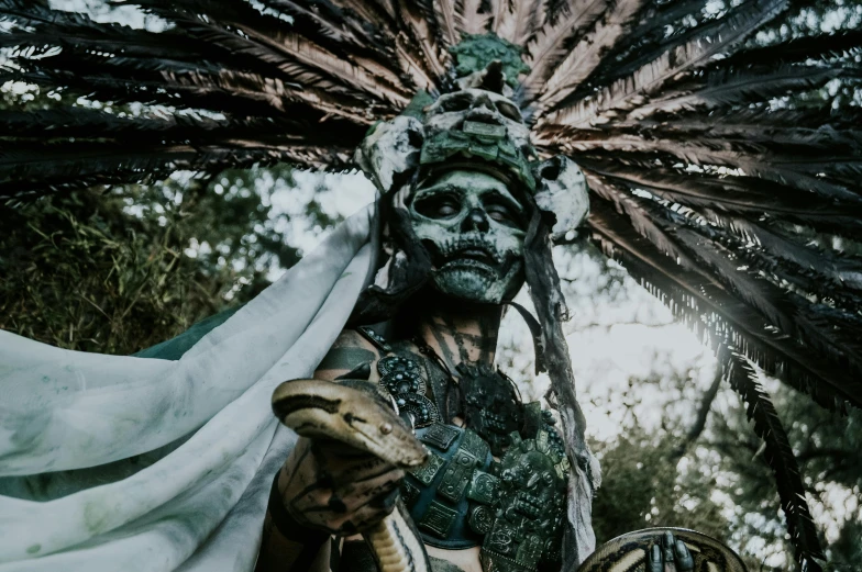 a close up of a statue of a person holding a snake, an album cover, by Daniel Lieske, pexels contest winner, aztec skull, feathered headdress, cosplay photo, ritual in a forest