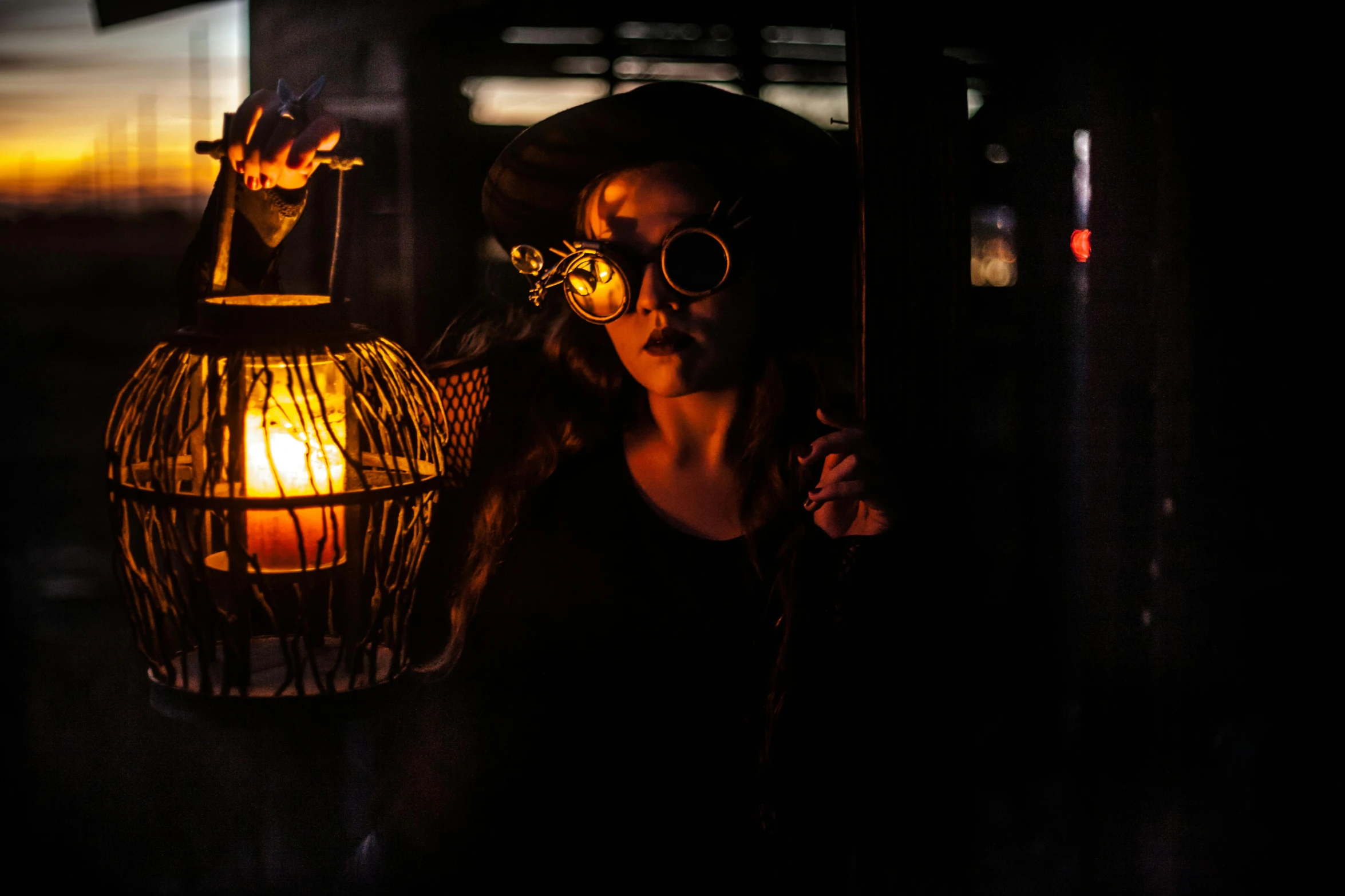 a woman holding a lantern in the dark, a portrait, pexels contest winner, lowbrow, steampunk glasses, wizard holding a cage, closed limbo room, profile image