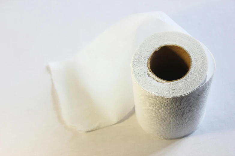 a roll of toilet paper sitting on top of a table, by Helen Stevenson, white backdrop, piping, cloth, two