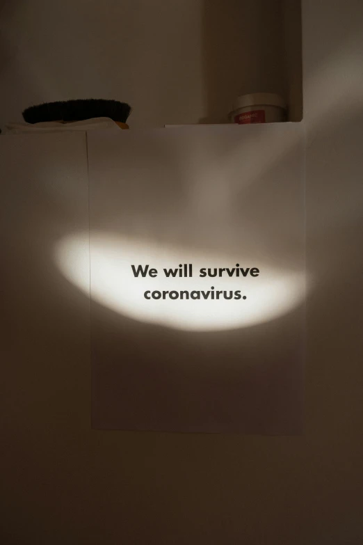 a sign that says we will survive coronavirus, inspired by Cornelia Parker, light entering through a blind, ar, gemma chen, m