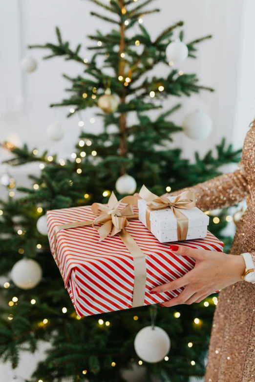 a woman holding a christmas present in front of a christmas tree, by Julia Pishtar, happening, exclusive, bows, thumbnail, small