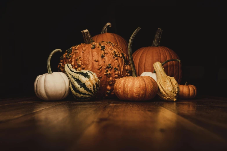 a group of pumpkins sitting on top of a wooden table, unsplash, profile image, digital image