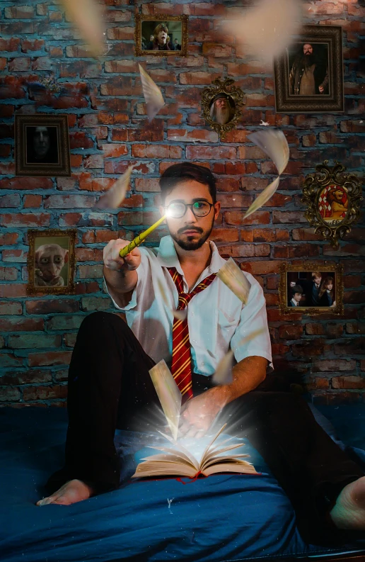 a man sitting on a bed reading a book, a portrait, pexels contest winner, magical realism, t-pose of wizard, in hogwarts, a portrait of rahul kohli, magic effects